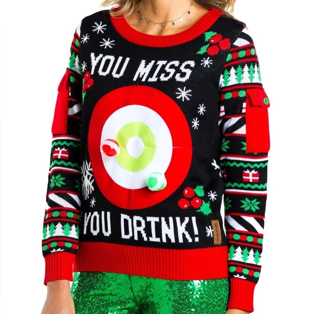 Tipsy Elves Bullseye Drinking Game Black and Red‎ Festive Sweater Size Medium